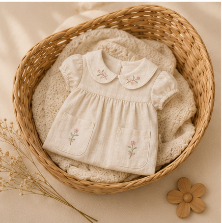 Kız Bebek Nakış Detaylı Müslin Elbise - Krem